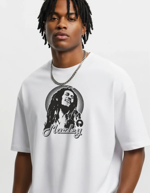 Men’s White Printed marley Cotton Oversized T-Shirt | Half Sleeves